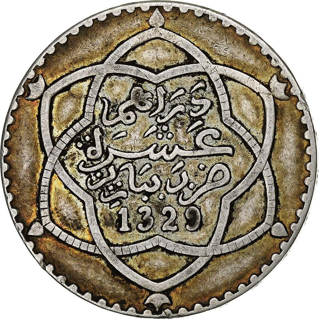Morocco, 'Abd al-Hafiz, Rial, 10 Dirhams, 1911/AH1329, bi-Bariz, Silver
