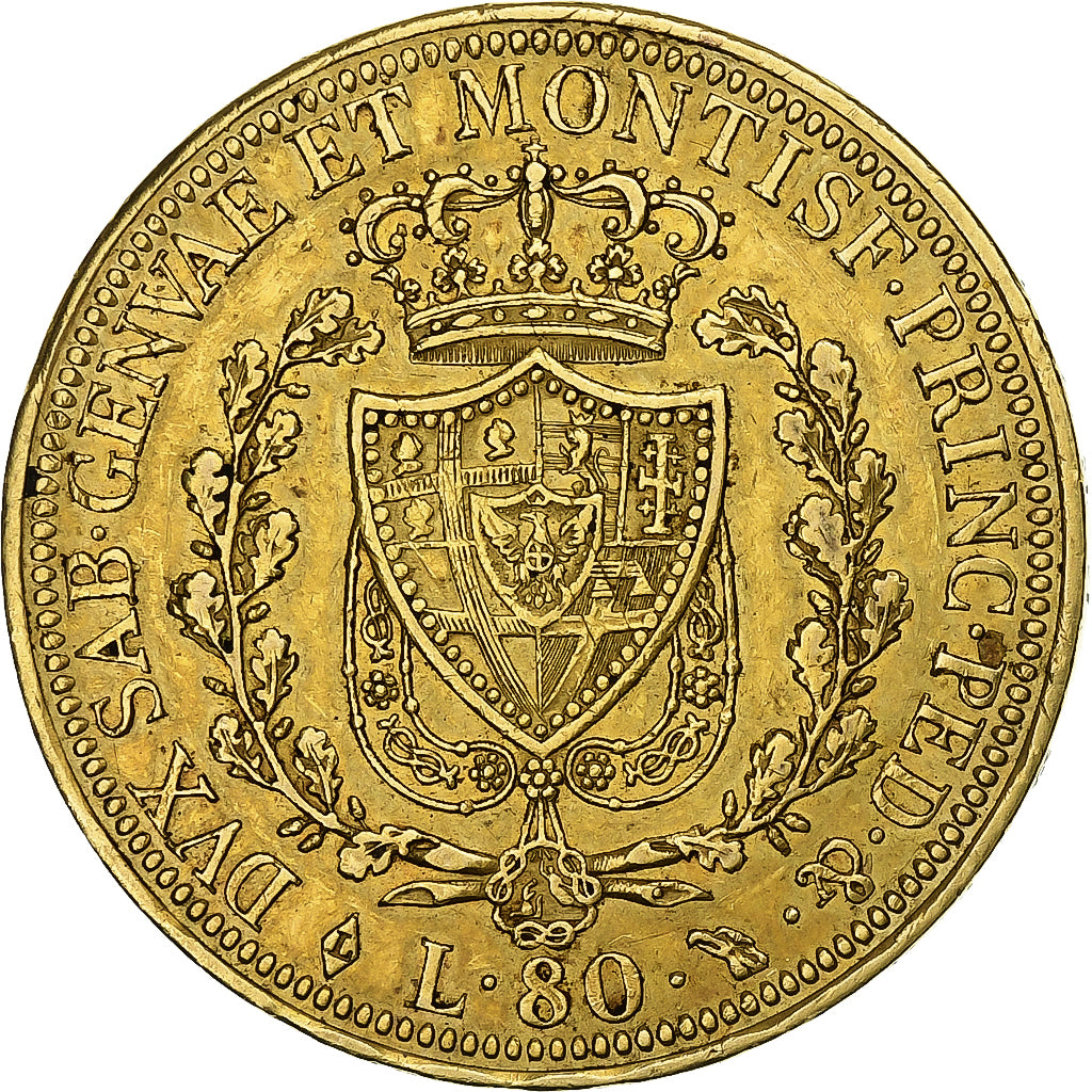 Kingdom of Sardinia, Carlo Felice, 80 Lire, 1825, Turin, Oro, MBC+, KM:123.1