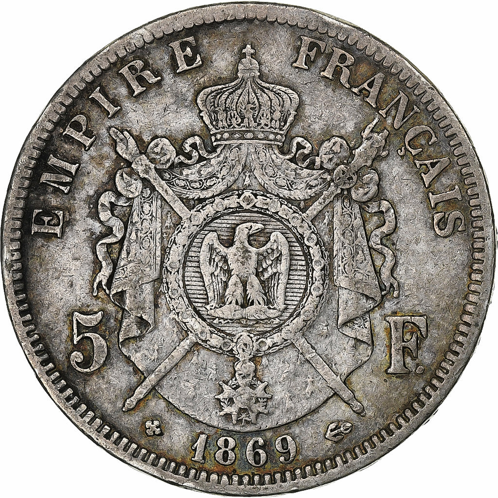 France, Napoléon III, 5 Francs, 1869, Strasbourg, Argent, TB+, Gadoury:739