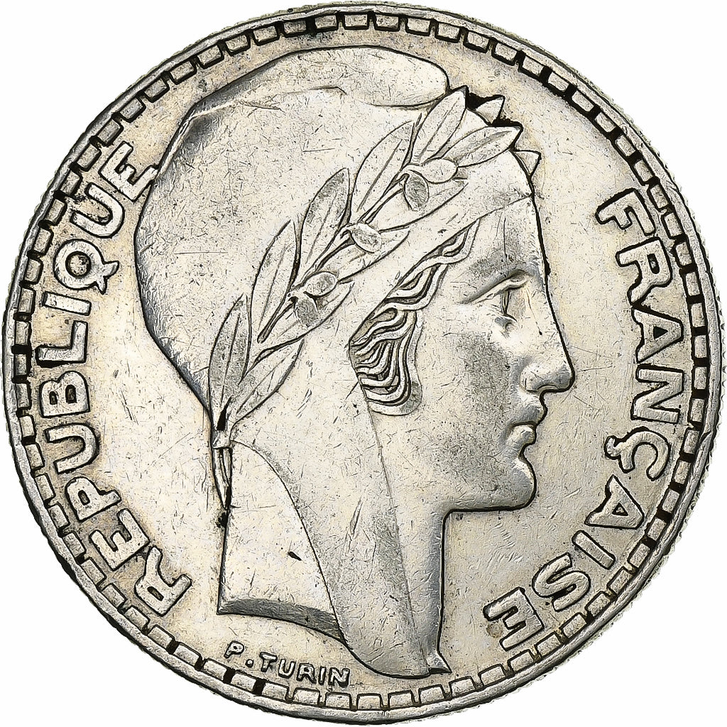 France, 20 Francs, Turin, 1933, Paris, Rameaux courts, Silver, AU(50-53)