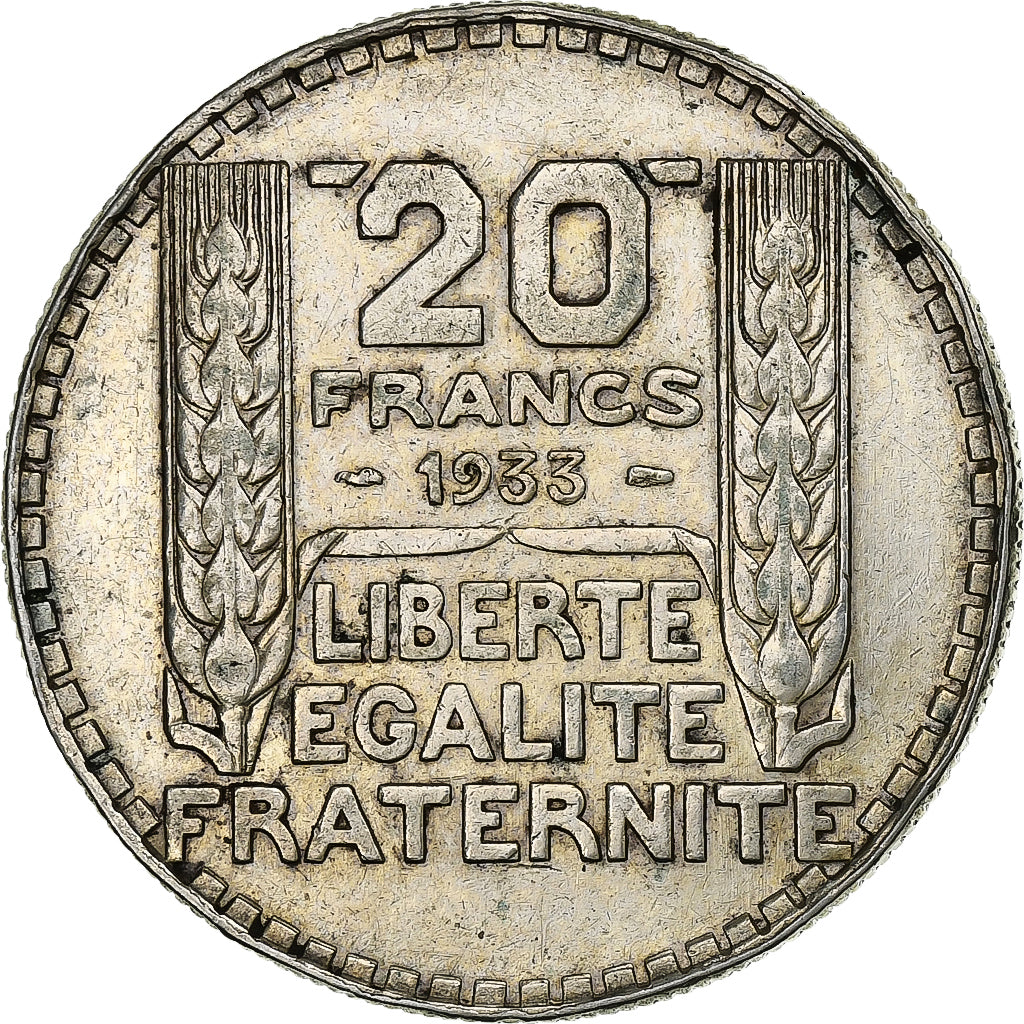 France, 20 Francs, Turin, 1933, Paris, Rameaux courts, Silver, AU(50-53)