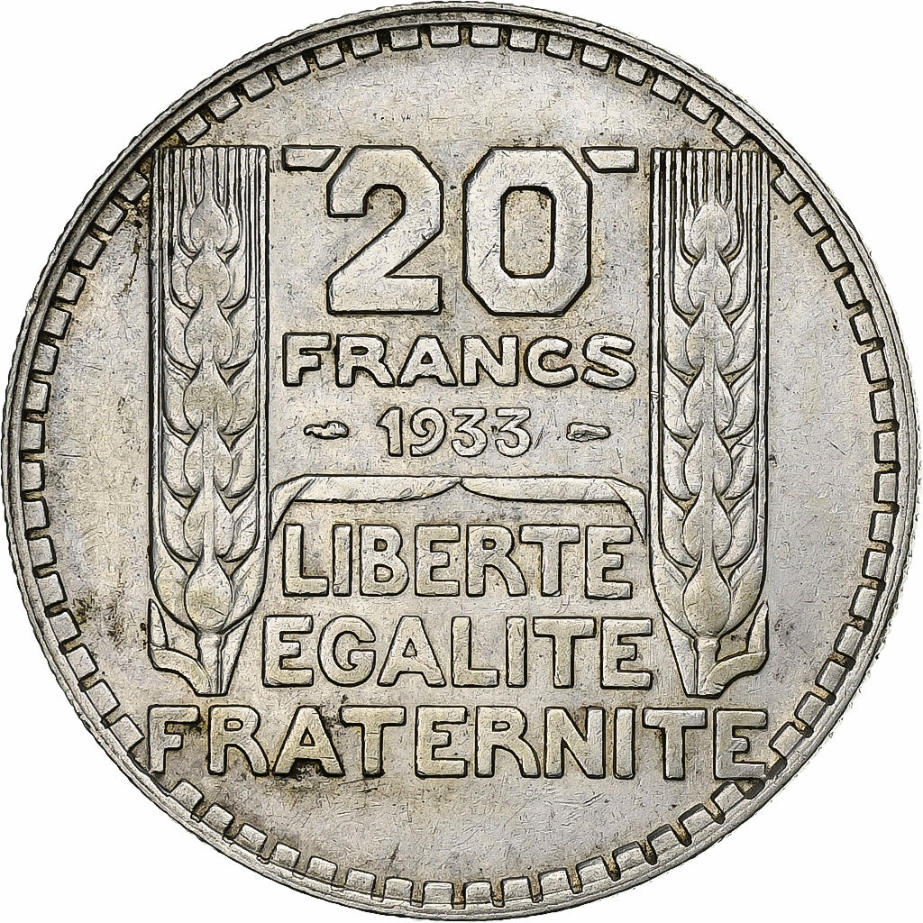 France, 20 Francs, Turin, 1933, Paris, Rameaux longs, Silver, AU(50-53)