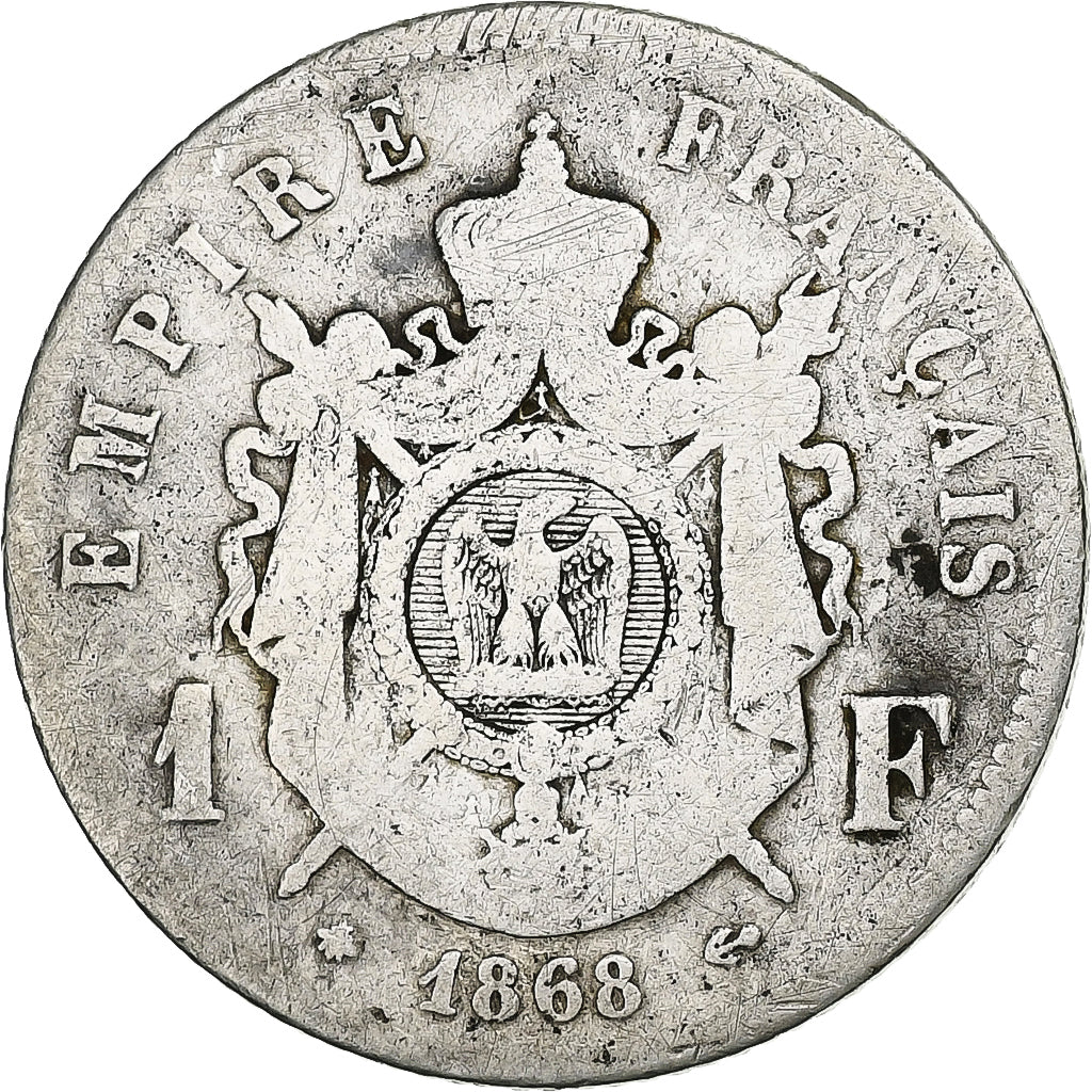França, Napoleon III, Franc, 1868, Paris, Prata, F(12-15), Gadoury:463