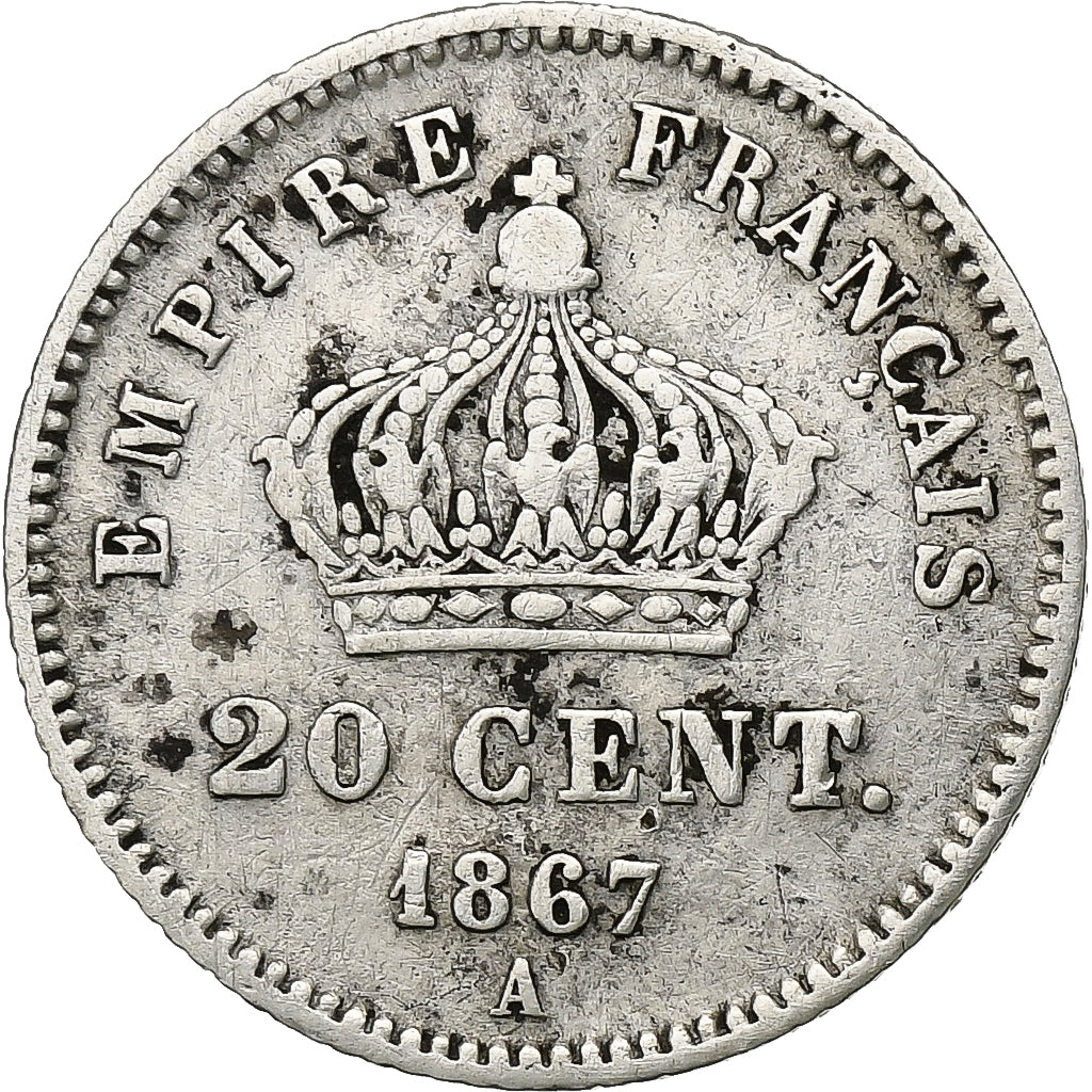 Frankrijk, Napoleon III, 20 Centimes, 1867, Paris, Zilver, ZF, Gadoury:309