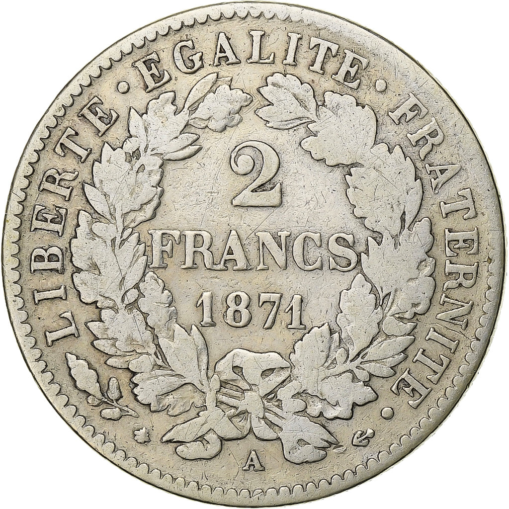 Francia, 2 Francs, Cérès, 1871, Paris, Large A, Argento, MB+, Gadoury:530
