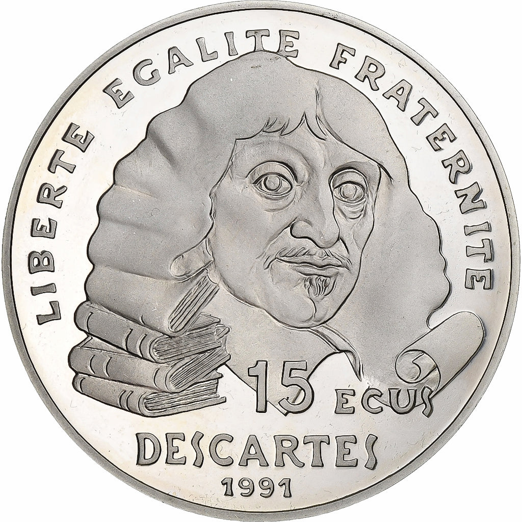 França, 100 Francs-15 Ecus, Descartes, 1991, Paris, BE, Prata, MS(65-70)