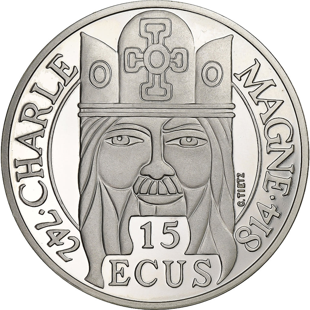 Francja, 100 Francs-15 Ecus, Charlemagne, 1990, Paris, BE, Srebro, MS(65-70)