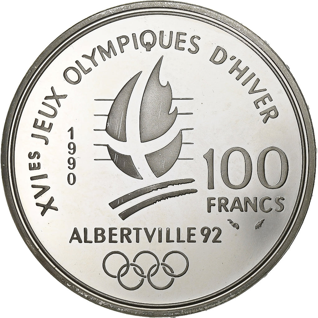 França, 100 Francs, Albertville - Slalom, 1990, Paris, BE, Prata, MS(65-70)