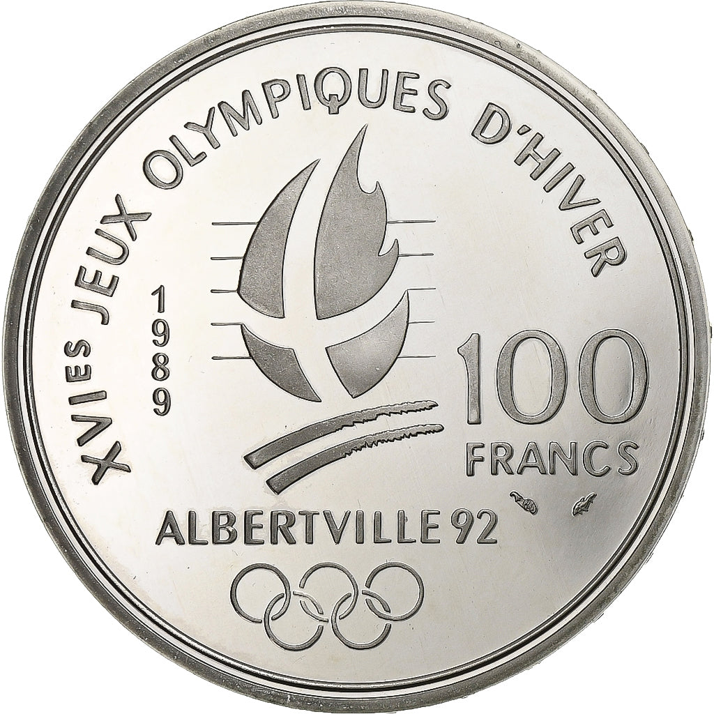 France, 100 Francs, Albertville - Ski Alpin, 1989, Paris, BE, Silver, MS(65-70)