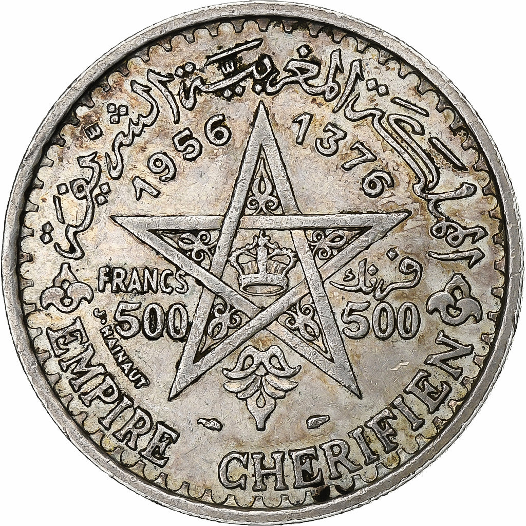 Morocco, Mohammed V, 500 Francs, 1956/AH1376, Paris, Silver, AU(50-53)