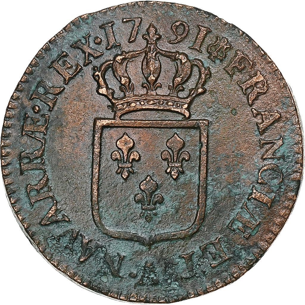 France, Louis XVI, Sol, Sol ou sou, 1791, Paris, 2éme sem, Copper, VF(20-25)