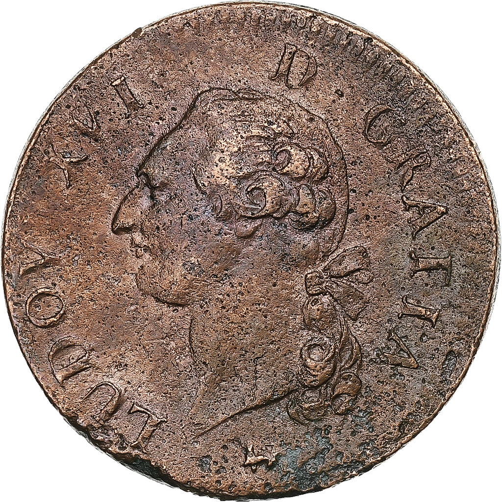 France, Louis XVI, Sol, Sol ou sou, 1791, Paris, 1er sem, Copper, VF(20-25)
