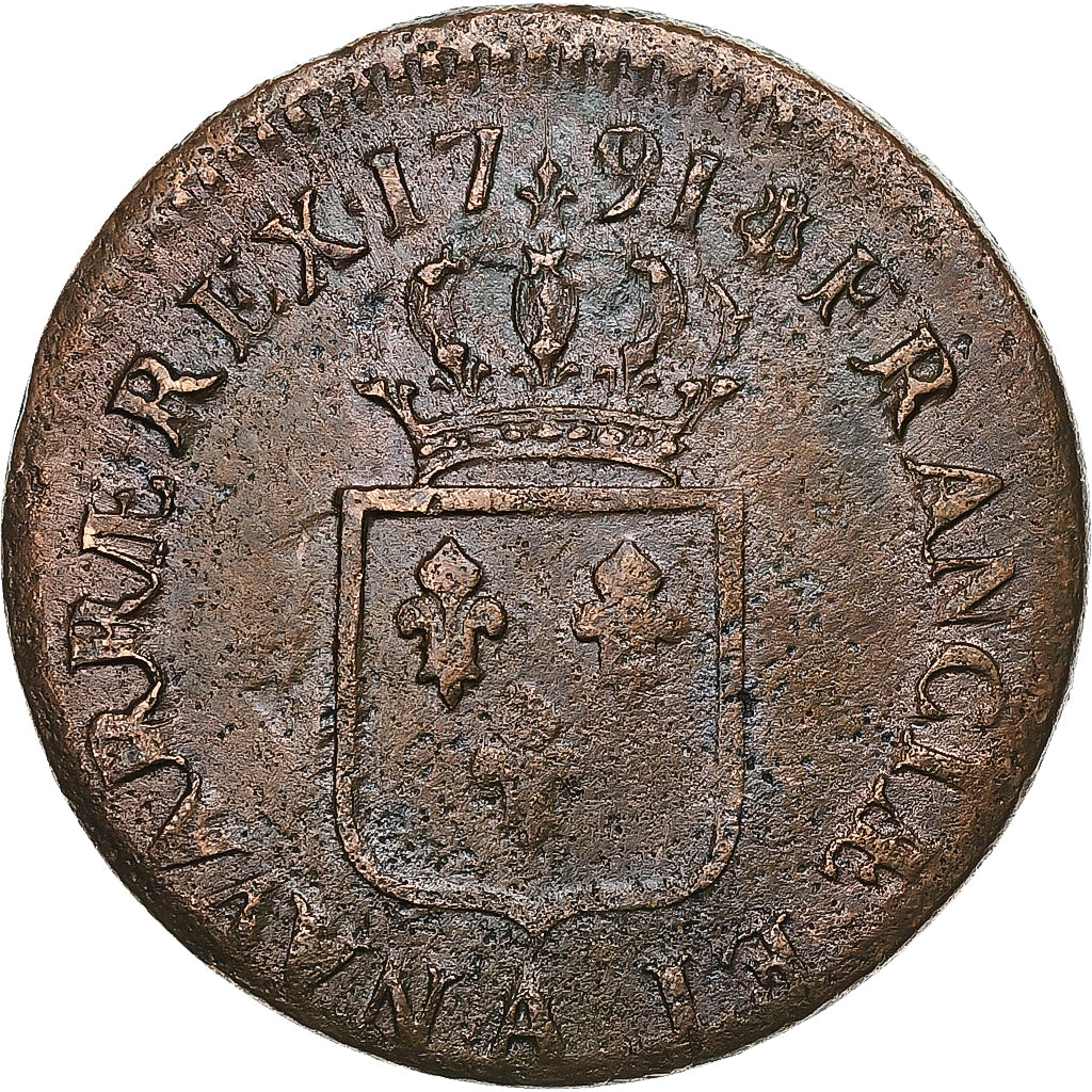 France, Louis XVI, Sol, Sol ou sou, 1791, Paris, 1er sem, Copper, VF(20-25)