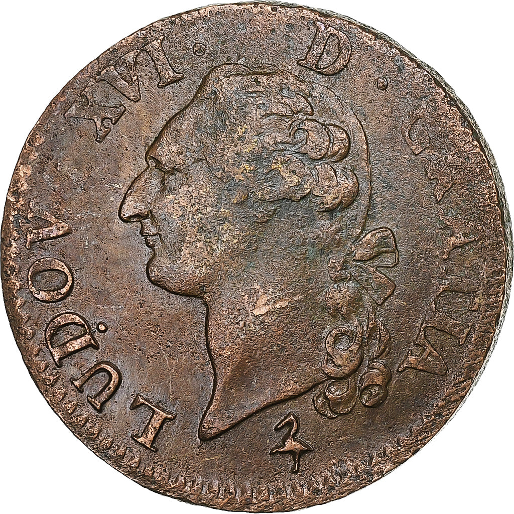 France, Louis XVI, Sol, Sol ou sou, 1791, Paris, 2éme sem, Copper, VF(20-25)
