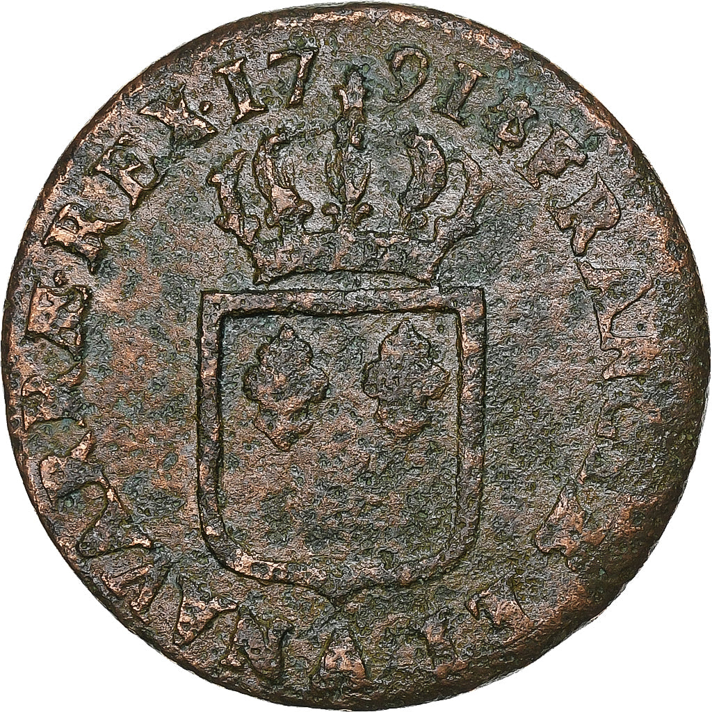 France, Louis XVI, Sol, Sol ou sou, 1791, Paris, 2éme sem, Copper, VF(20-25)