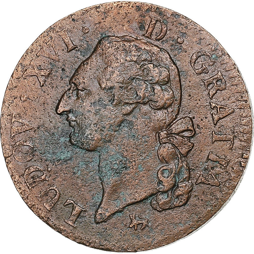 France, Louis XVI, Sol, Sol ou sou, 1791, Paris, 2éme sem, Copper, VF(20-25)