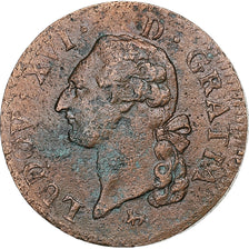 France, Louis XVI, Sol, Sol ou sou, 1791, Paris, 2éme sem, Copper, VF(20-25)