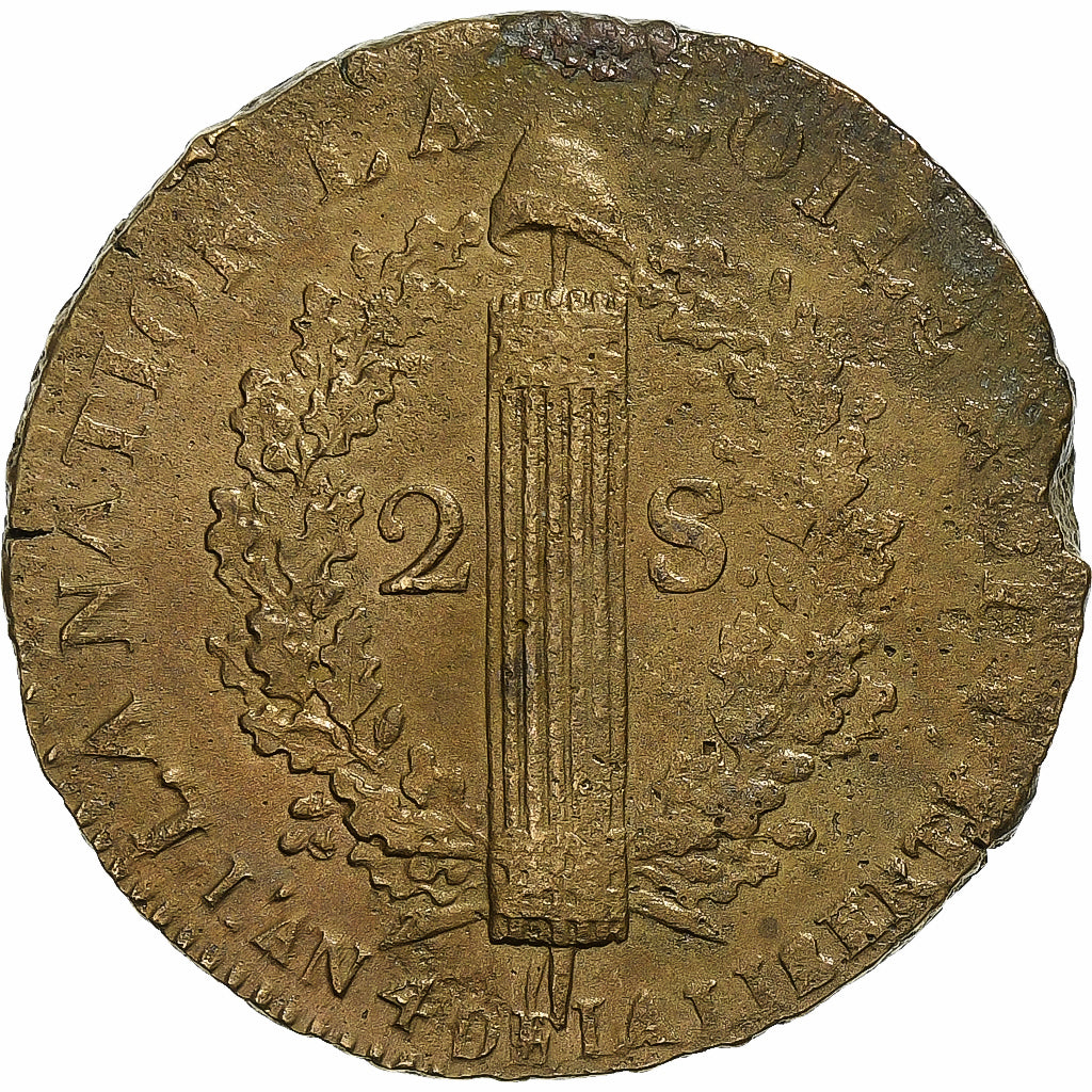 Frankreich, Constitution, 2 Sols, 2 sols françois, 1792 / AN 4, Arras, Métal