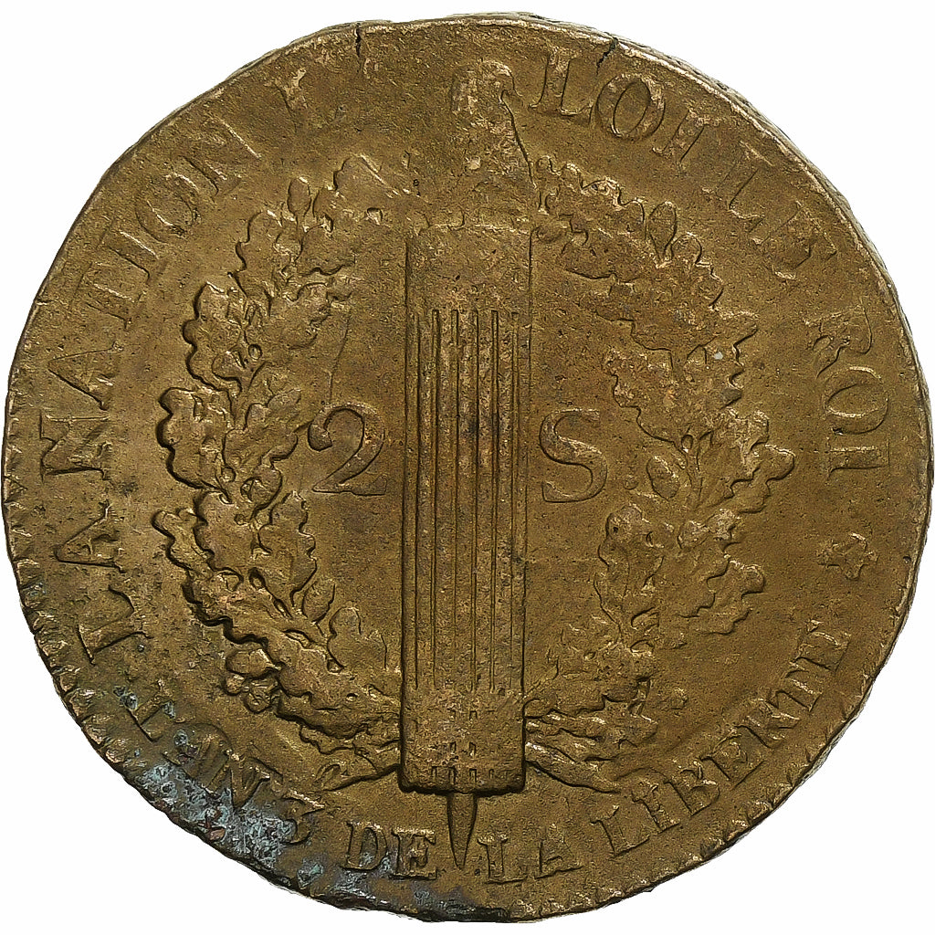 France, Constitution, 2 Sols, 2 sols françois, 1791 / AN 3, Paris, Bronze, TB