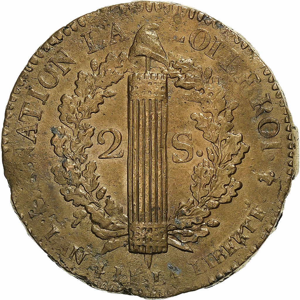 France, Constitution, 2 Sols, 2 sols françois, 1792 / AN 4, Paris, Bronze