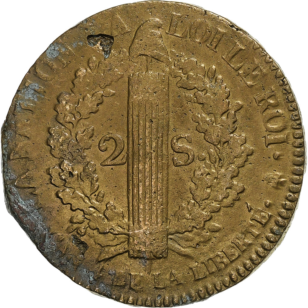 France, Constitution, 2 Sols, 2 sols françois, 1792 / AN 4, Paris, Bronze