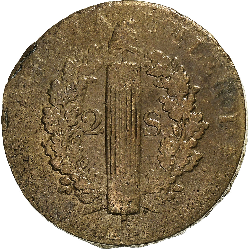 Francia, Constitution, 2 Sols, 2 sols françois, 1792 / AN 4, Paris, Bronzo, MB