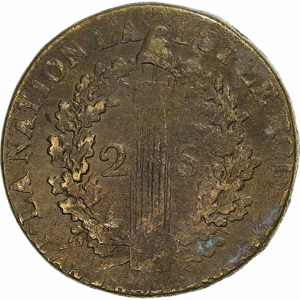 Francia, Constitution, 2 Sols, 2 sols françois, 1792 / AN 4, Rouen, Bronzo, MB