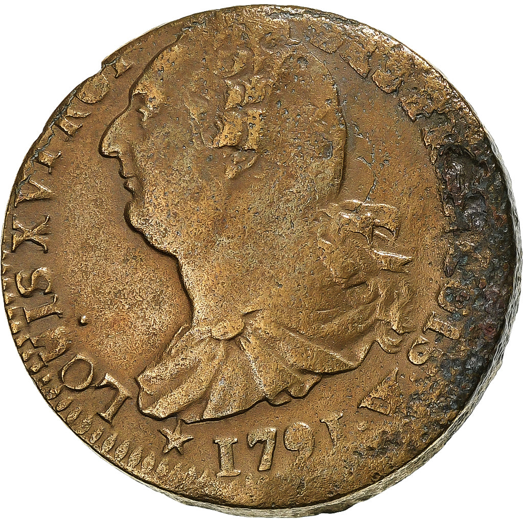 Francia, Constitution, 2 Sols, 2 sols françois, 1791, Lille, Bronzo, MB