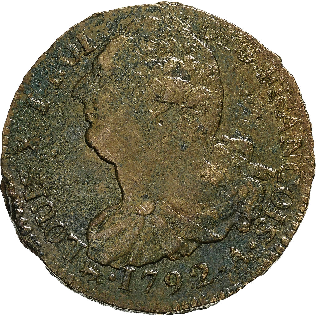 França, Constitution, 2 Sols, 2 sols françois, 1792 / AN 4, Paris, Bronze