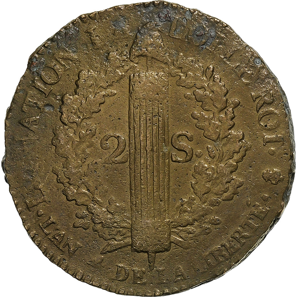 Frankreich, Constitution, 2 Sols, 2 sols françois, 1792 / AN 4, Paris, Bronze