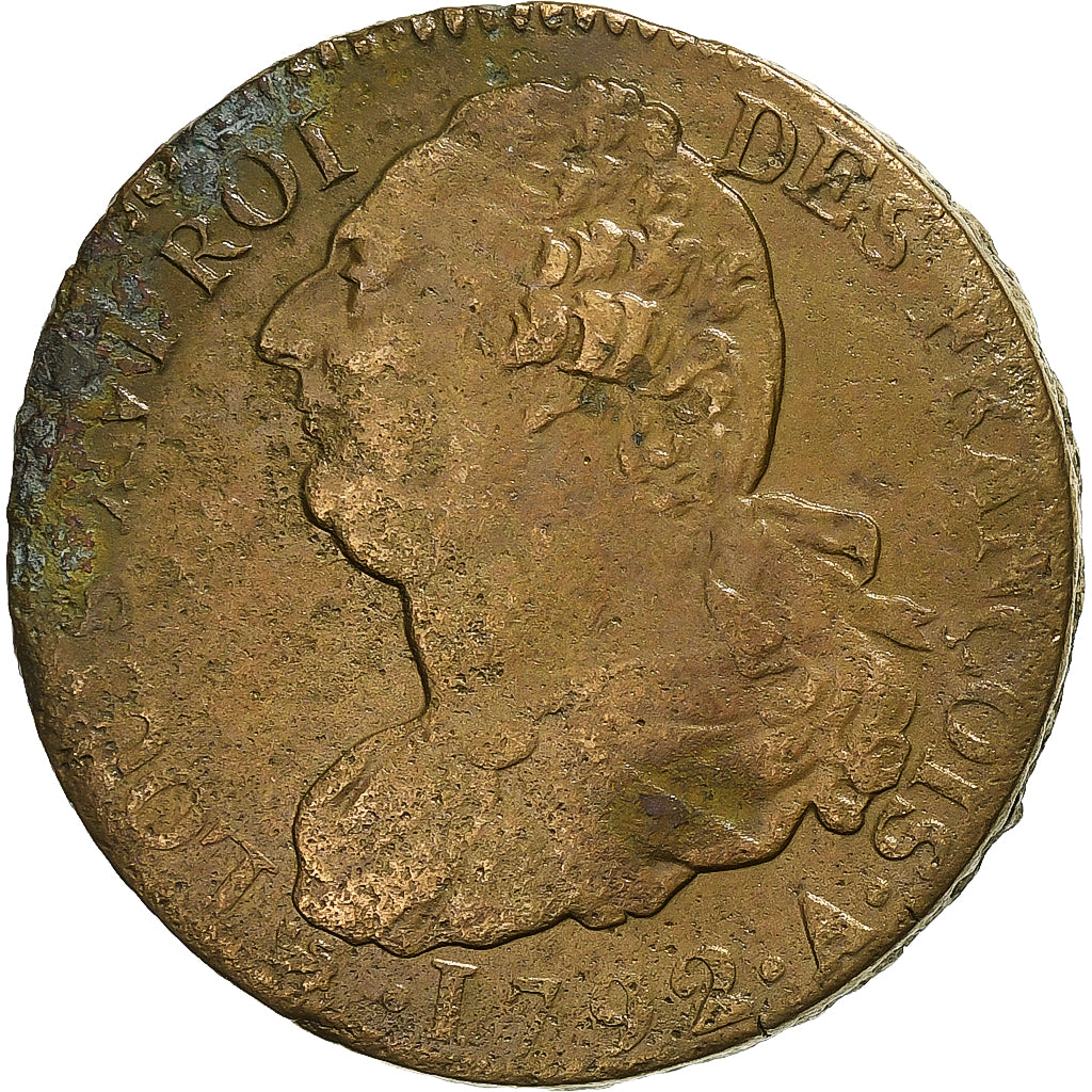 França, Constitution, 2 Sols, 2 sols françois, 1792 / AN 4, Paris, Bronze