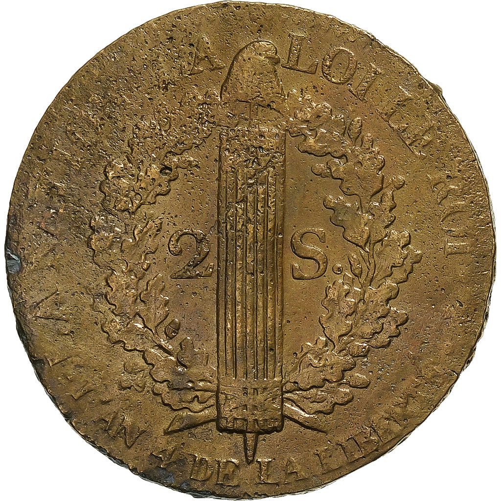 França, Constitution, 2 Sols, 2 sols françois, 1792 / AN 4, Paris, Bronze