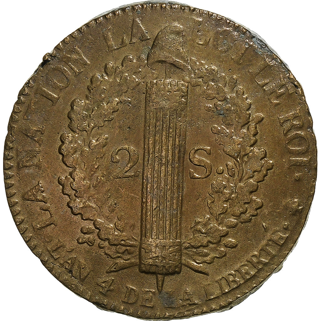 France, Constitution, 2 Sols, 2 sols françois, 1792 / AN 4, Paris, Bronze, TB+
