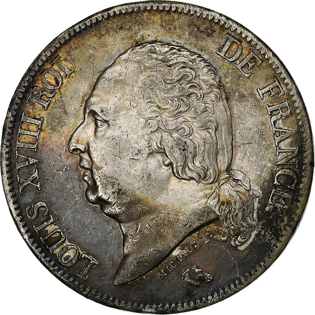 Francja, Louis XVIII, 5 Francs, 1824, Paris, Srebro, AU(50-53), Gadoury:614