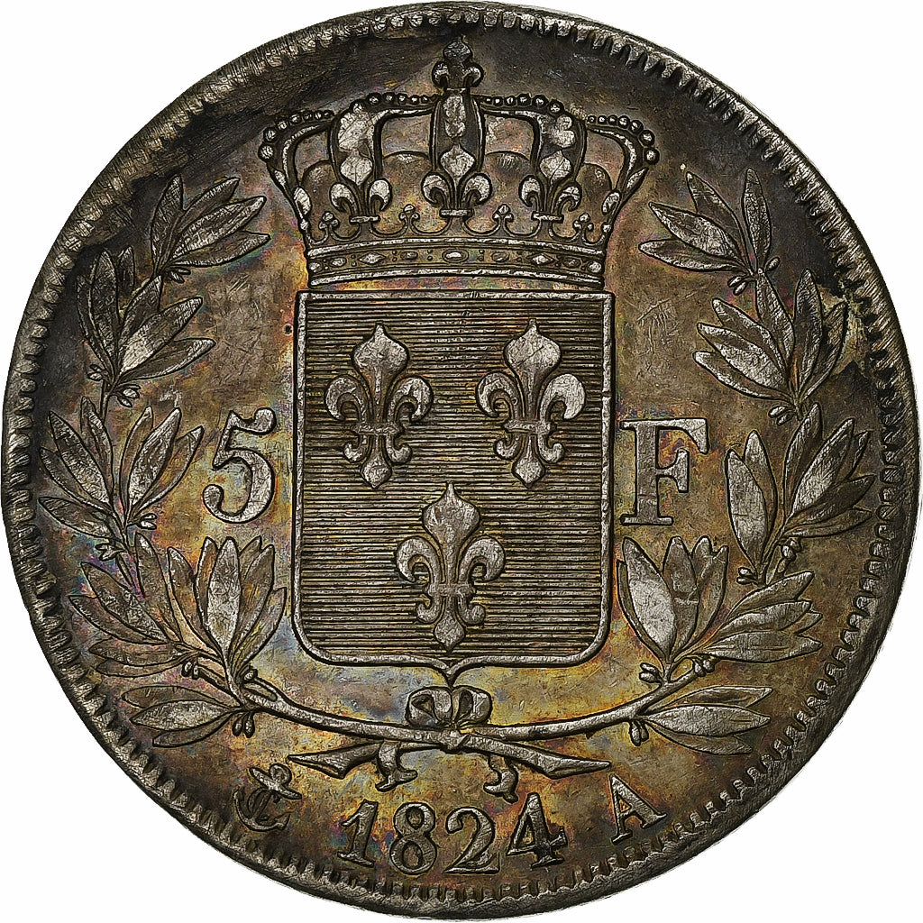 Francja, Louis XVIII, 5 Francs, 1824, Paris, Srebro, AU(50-53), Gadoury:614