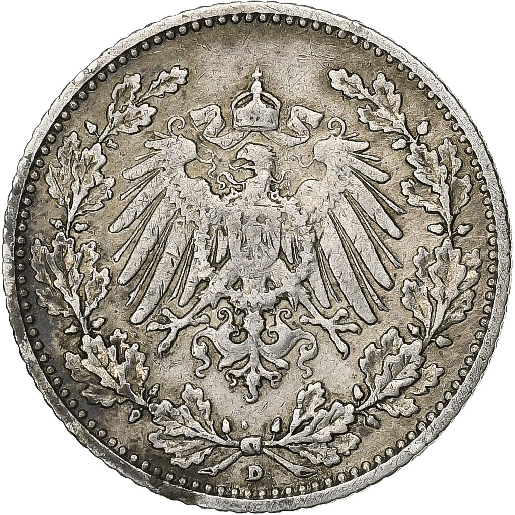 GERMANIA - IMPERO, 1/2 Mark, 1907, Munich, Argento, MB+, KM:17