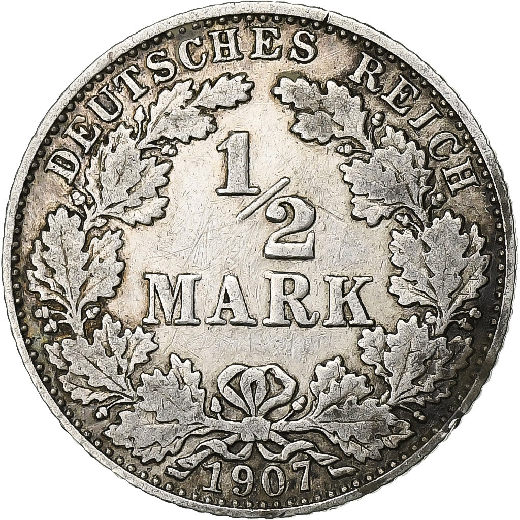 GERMANIA - IMPERO, 1/2 Mark, 1907, Munich, Argento, MB+, KM:17