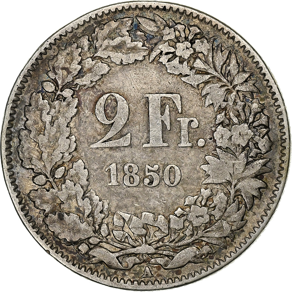 Switzerland, 2 Francs, 1850, Paris, Rare, Silver, VF(30-35), KM:10