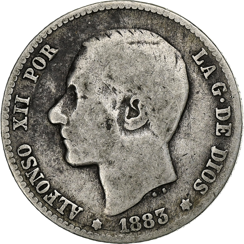 España, Alfonso XII, Peseta, 1883, Madrid, Plata, BC+, KM:686