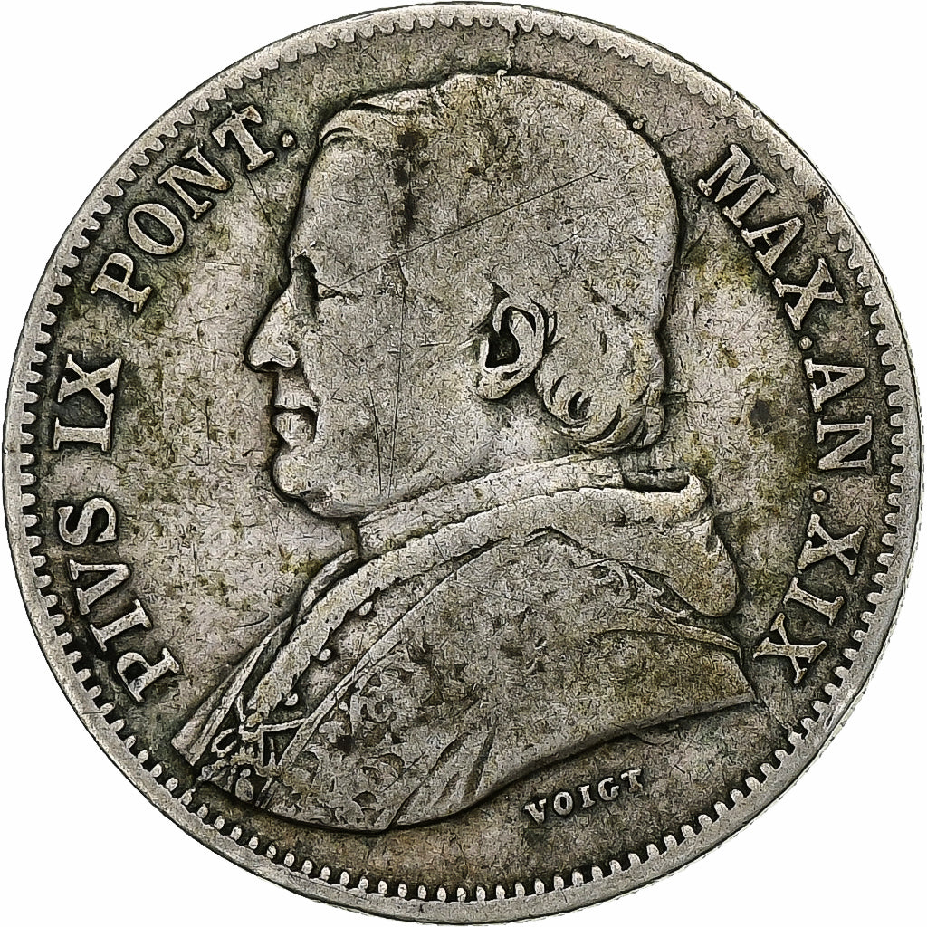 STATI ITALIANI, PAPAL STATES, Pius IX, 20 Baiocchi, 1865, Rome, Argento, MB