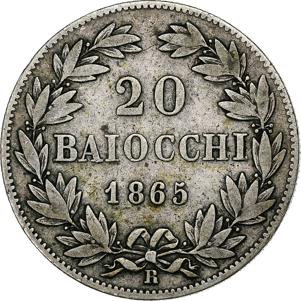 STATI ITALIANI, PAPAL STATES, Pius IX, 20 Baiocchi, 1865, Rome, Argento, MB