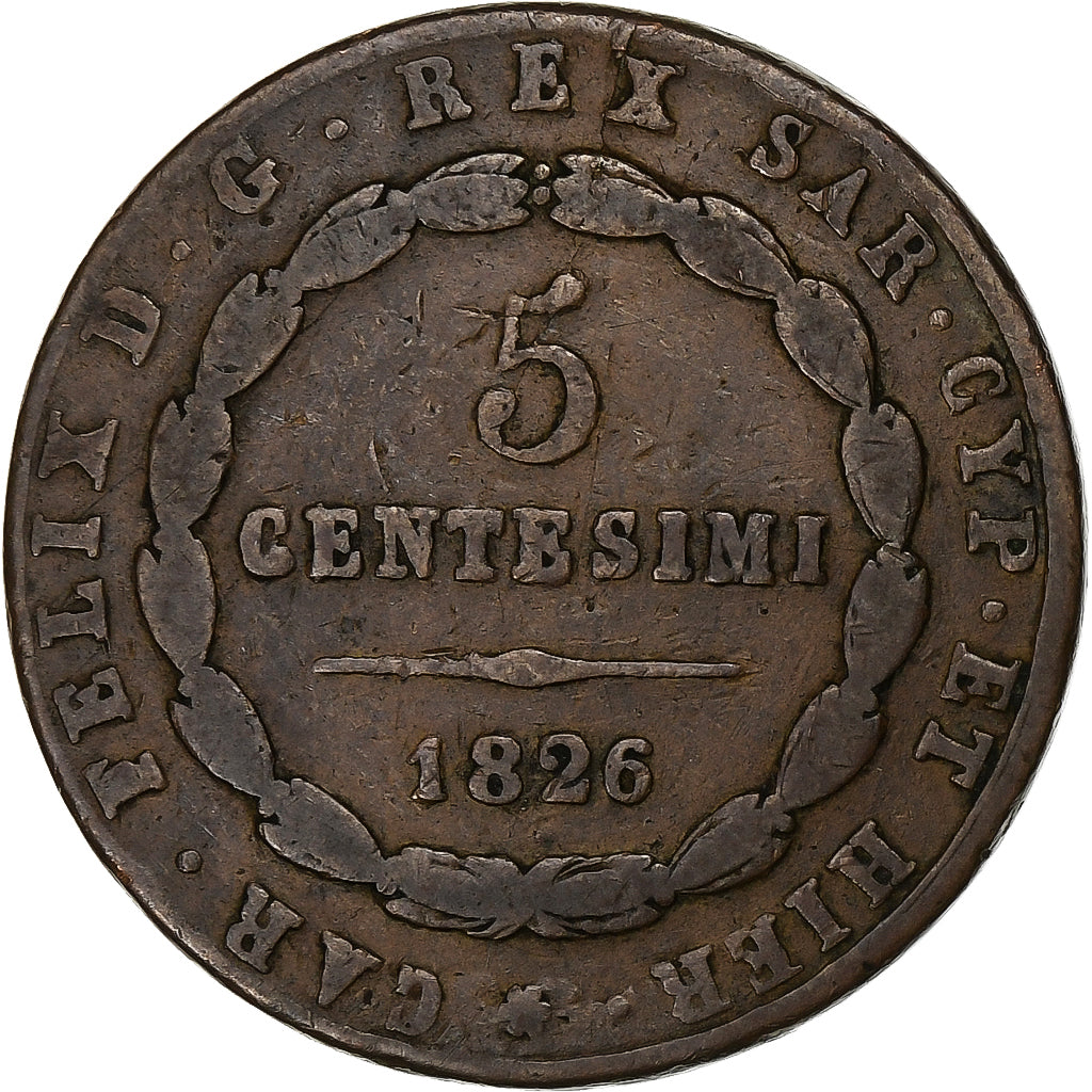 ESTADOS ITALIANOS, SARDINIA, Carlo Felice, 5 Centesimi, 1826, Turin, Cobre