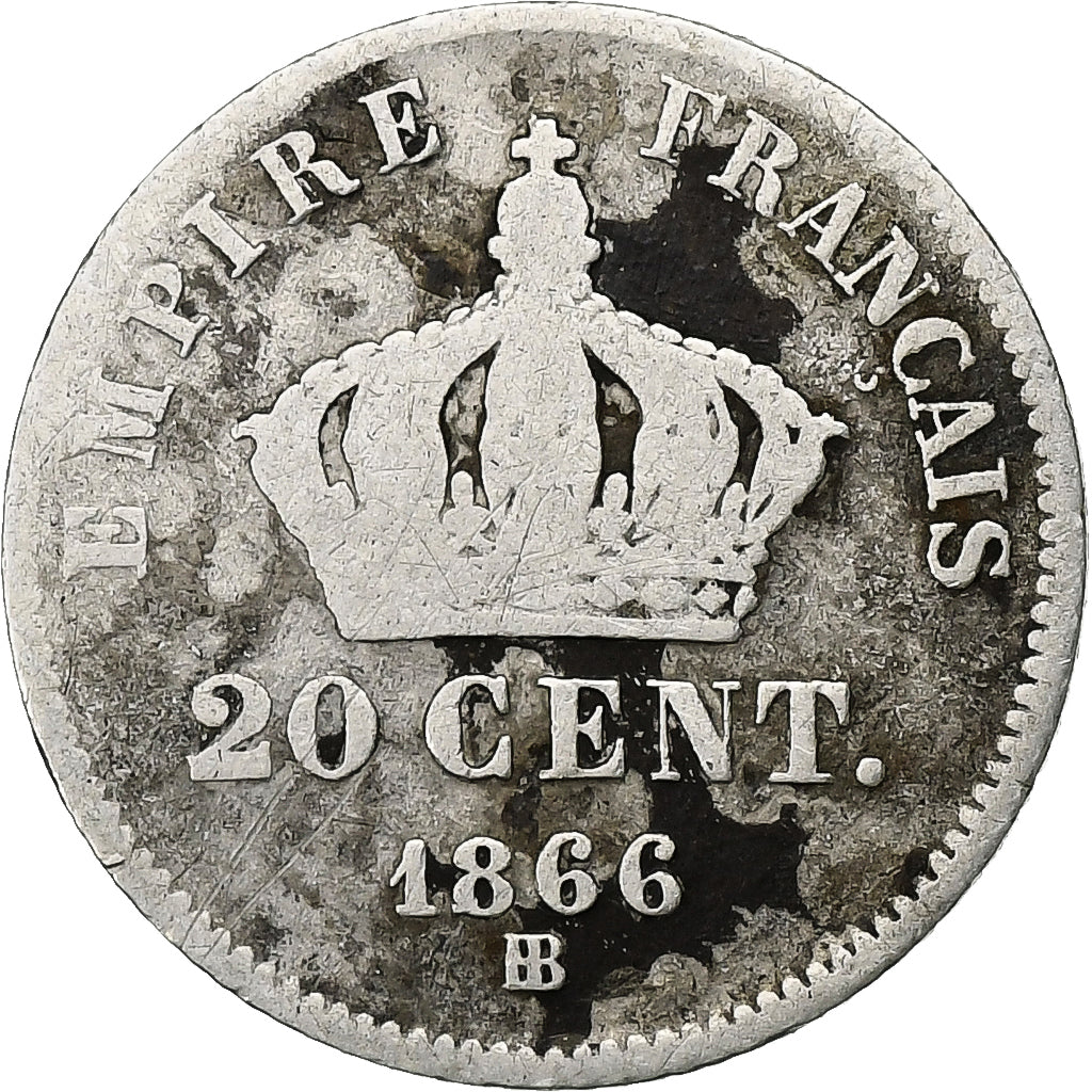 Francja, Napoleon III, 20 Centimes, 1866, Strasbourg, Srebro, F(12-15)