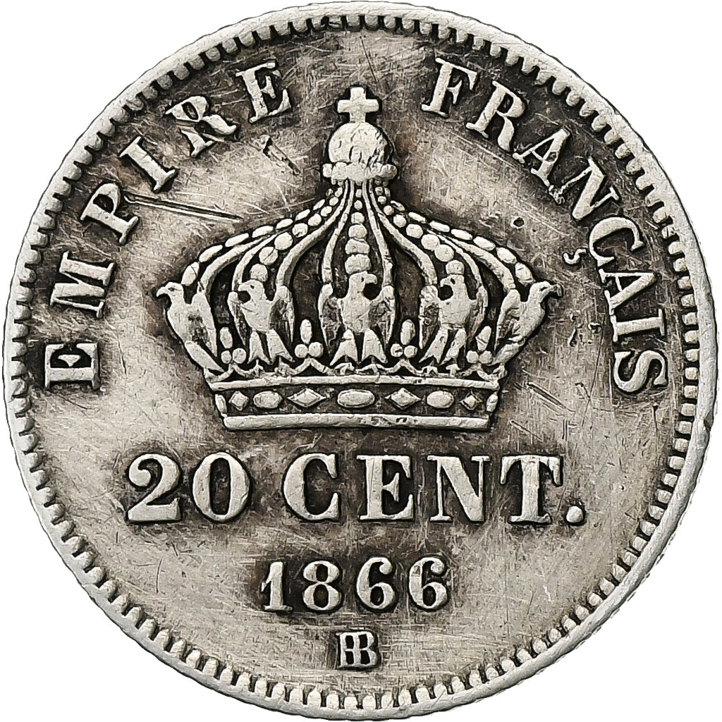 France, Napoleon III, 20 Centimes, 1866, Strasbourg, Silver, VF(30-35)