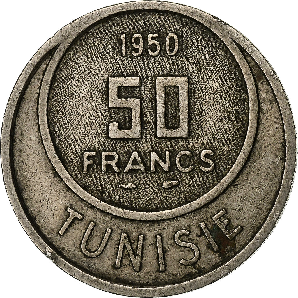 Tunisia, Muhammad al-Amin Bey, 50 Francs, 1950 / AH1370, Paris, Rame-nichel, BB
