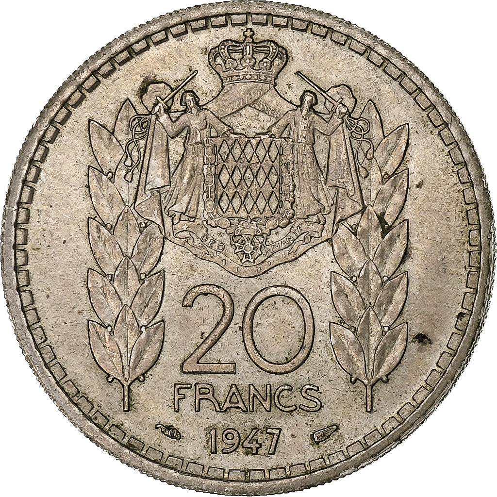 Monaco, Louis II, 20 Francs, Vingt, 1947, Paris, Copper-nickel, AU(55-58)