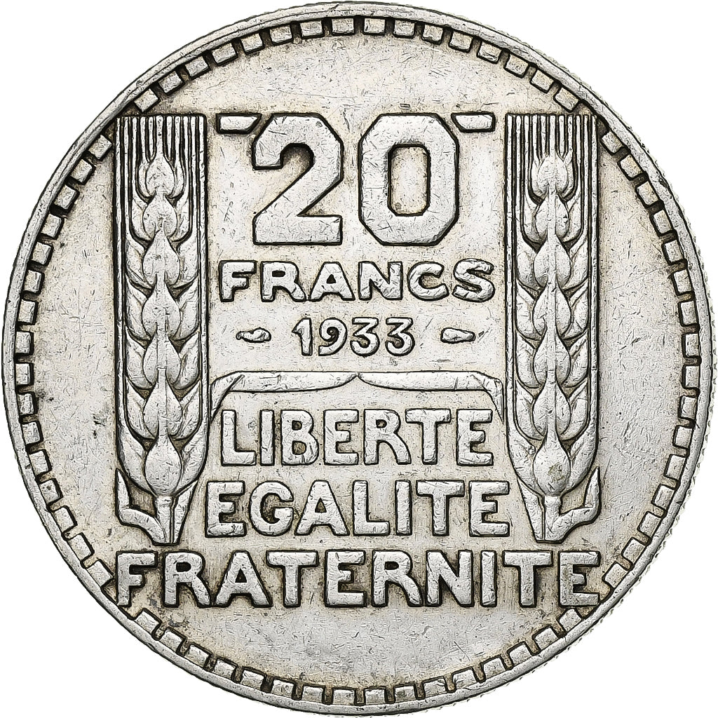France, 20 Francs, Turin, 1933, Paris, Rameaux courts, Silver, EF(40-45)