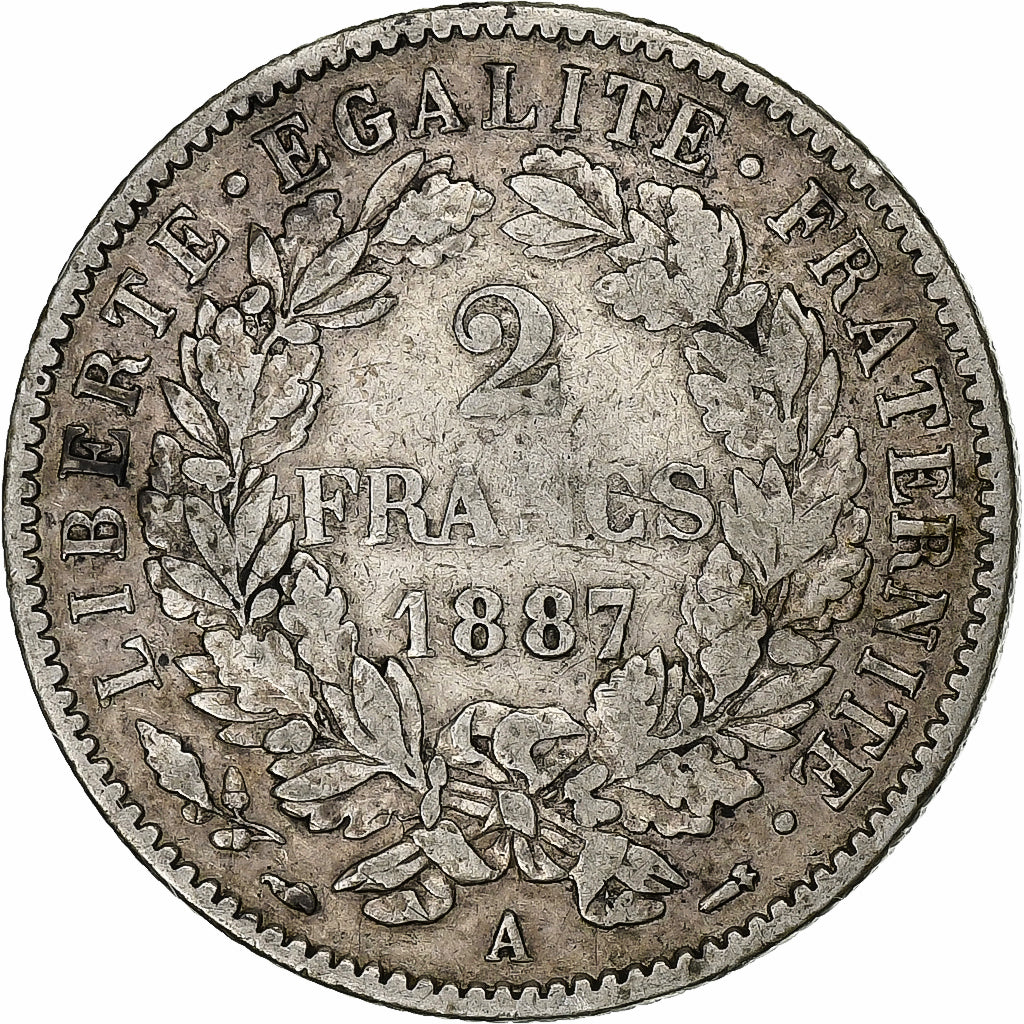 France, 2 Francs, Cérès, 1887, Paris, Argent, TB+, Gadoury:530a, KM:817.1
