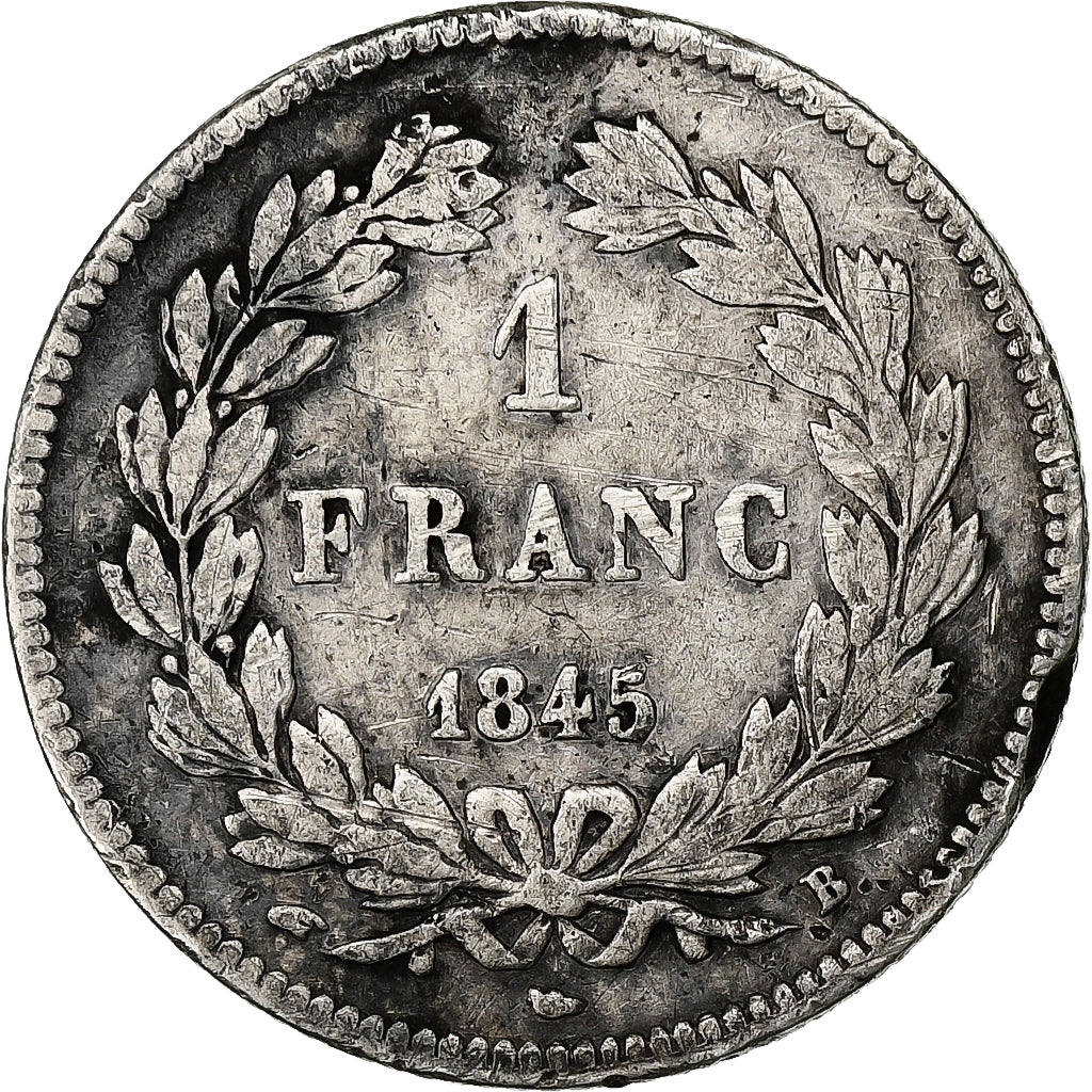 Francia, Louis-Philippe I, Franc, 1845, Rouen, Plata, BC+, Gadoury:453, KM:748.2
