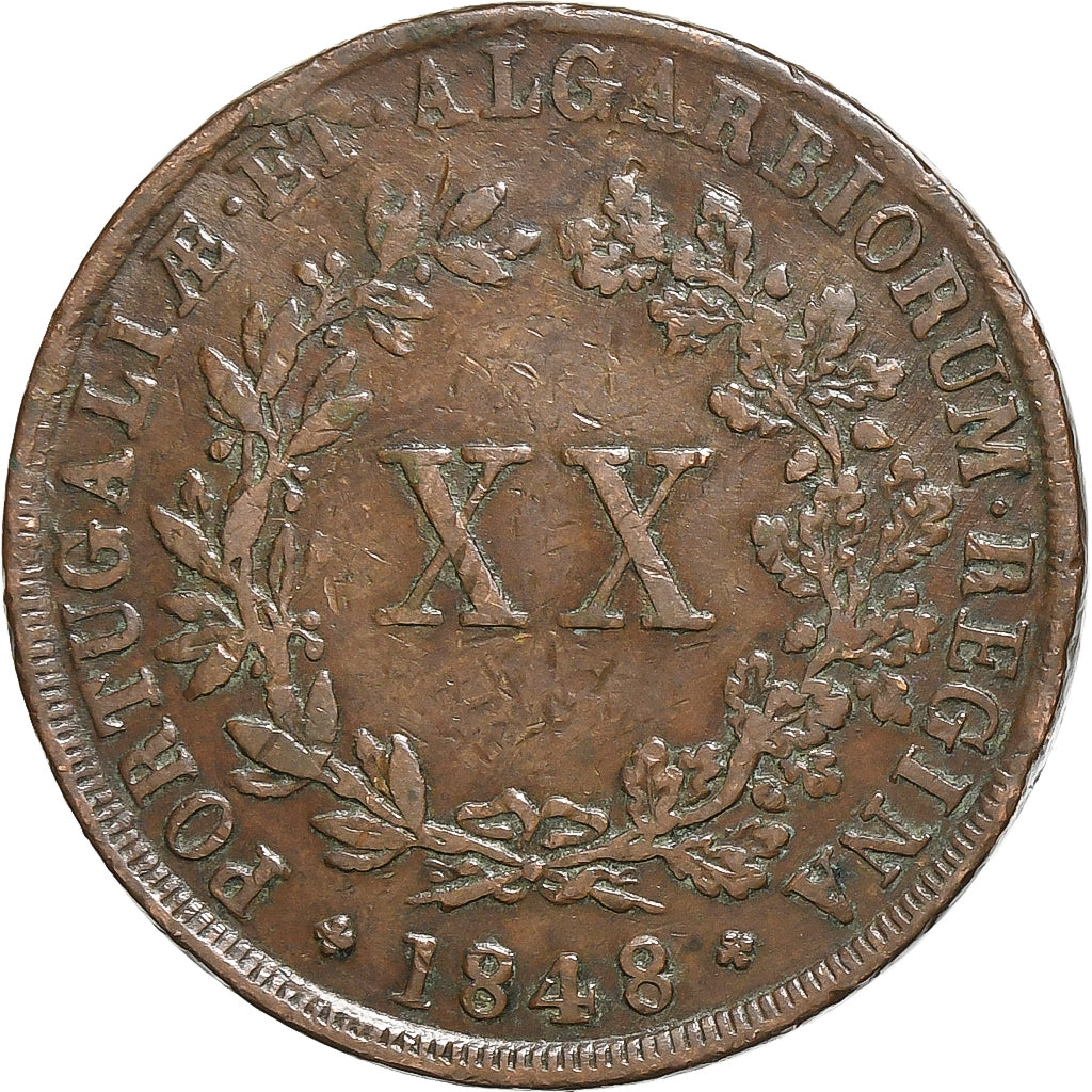 Portugal, Maria II, 20 Reis, 1848, Cobre, MBC+, KM:482